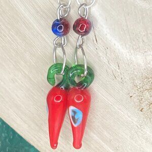 Hot B*tches Chili Pepper Earrings Red/Blue Crackle Beads